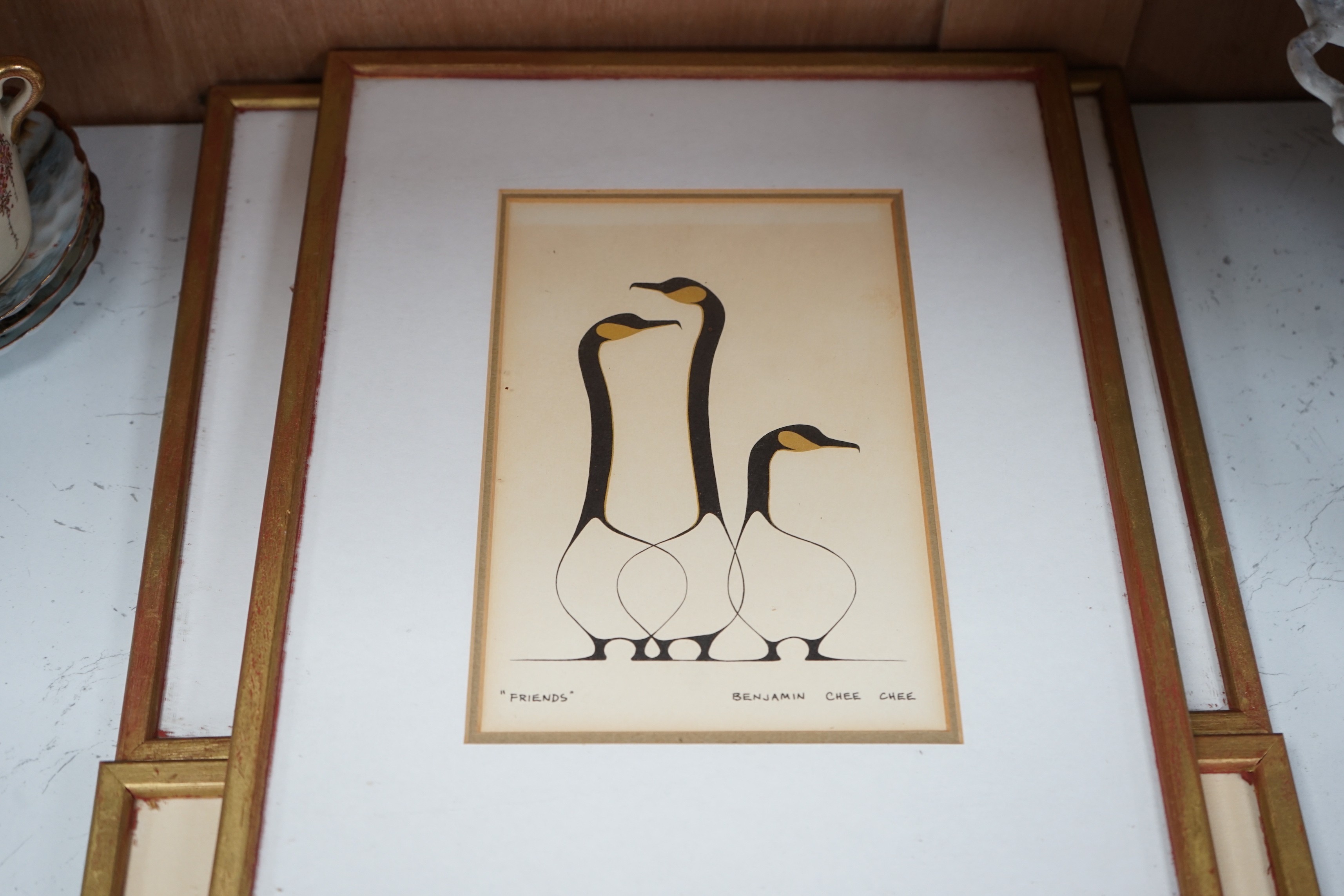 Benjamin Chee Chee (Canadian, 1944-1996), set of four prints, Studies of birds, 14 x 22cm